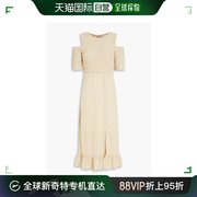 香港直邮ganni甘尼女士，露肩方格棉布绉条纹，中长连衣裙f795564