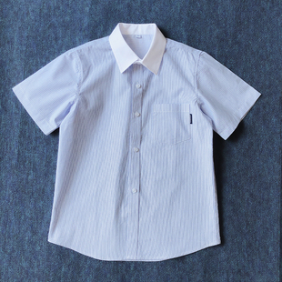 男童校服衬衫短袖夏季中大童装，英伦上衣男孩学生白领蓝色条纹衬衣