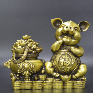 黄铜发财猪摆件铜生肖猪福猪聚宝盆家居客厅办公室摆设铜器工艺品