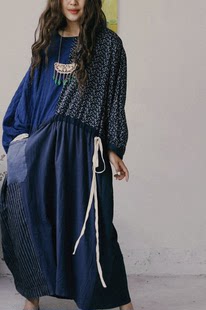 静好布衣原创设计日系文艺拼接撞色设计感蓝色系百家衣风格连衣裙