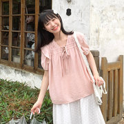 小雨良品 日系系带粉色短袖衬衫女夏季小个子法式甜美小飞袖上衣