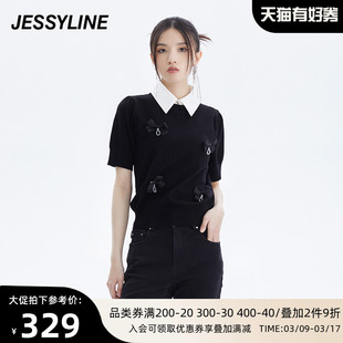 jessyline女装秋装杰茜，莱黑色蝴蝶结针织衫，女231204257