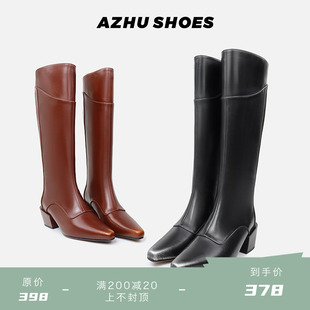AZHU SHOES双色长筒靴女粗跟方头增高骑士靴真皮中跟显瘦高筒长靴