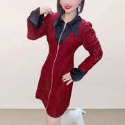 韩版高端红色假两件连衣裙女春季设计感洋气拉链收腰长袖裙子
