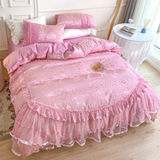 婚庆蕾丝床单被套床上四件套全棉纯棉公主风床裙款少女心夏季粉色