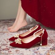春季结婚鞋孕妇，2023中式红色粗跟新娘，绑带秀禾敬酒鞋两穿