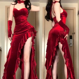 girlsat18红色连衣裙女高级丝绒吊带裙不规则性感生日晚礼服长裙