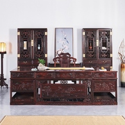老挝大红酸枝交趾黄檀书房空间古典红木家具清式办公桌2件套+书柜