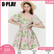 DPLAY夏季少女短裙海边度假薄荷曼绿连衣裙粉色蝴蝶结裙子小个子
