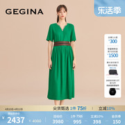 GEGINA吉吉娜女装早春V领绿色连衣裙短袖中长款女士A字裙子