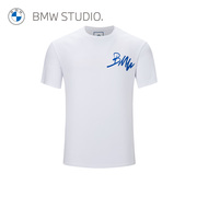 bmwstudio宝马男装夏季简约男士，设计感logo圆领白色短袖t恤