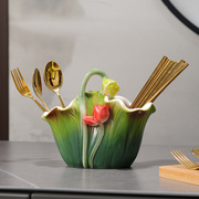 新中式珐琅彩陶瓷筷子筒，餐具勺子收纳盒，家用双筒筷架原创荷叶筷笼