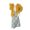 大码胖妹妹美式复古彩色格子半身裙+黄色宽松慵懒风圆领针织开衫