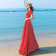 2023夏季流行雪纺裙子红色波点连衣裙女长款复古赫本风沙滩长裙潮