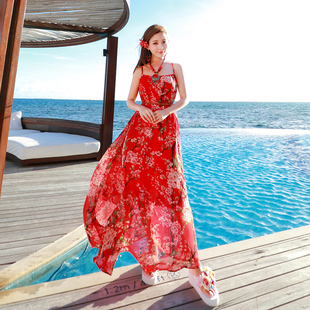 沙滩裙女装海南三亚泰国度假旅行连衣裙，大码雪纺吊带碎花长裙