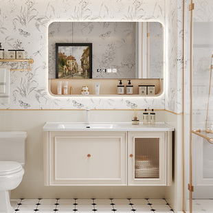 法式奶油风浴室柜组合陶瓷一体，盆洗漱台卫生间，圆角镜柜智能洗脸盆