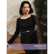 芝美日禾 鸡心方领针织连衣裙黑色修身长袖极简优雅气质高级感