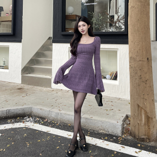 GirlsAt18 紫色性感蕾丝针织连衣裙女秋冬显瘦包臀吊带短裙两件套