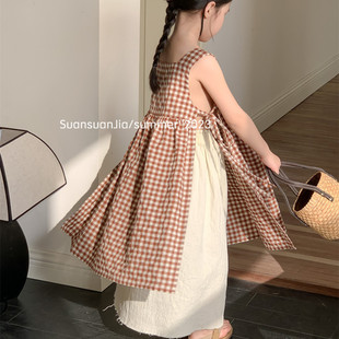 韩国童装女童复古格子吊带背心连衣裙夏季女宝宝无袖系带套装