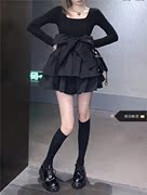 春夏款设计感黑色纯欲方领高腰显瘦绑带蝴蝶结小黑裙蓬蓬裙连衣裙