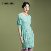 香莎chansarr气质，绿紫双色蕾丝连衣裙收腰修身灯笼，袖花苞裙