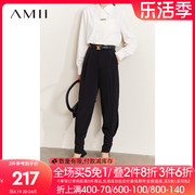 amii2024春季黑色休闲裤，女拉链脚口高腰西装裤，设计感雪纺裤子