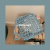 ins同款浅蓝色格子镂空串珠包单肩包大容量手提包，diy材料包