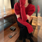 77store圣诞红毛衣女(毛衣女)短款2024冬季新年红色，分袖小众针织上衣