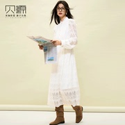 贝源法式减龄超长款白色纯棉植绒连衣裙，2023新长袖(新长袖，)过膝蕾丝女长裙