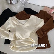 品牌折扣加厚v领长袖t恤女装秋冬季修身显瘦内搭打底衫上衣潮