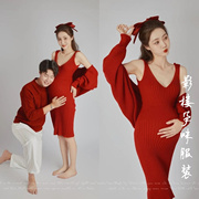 高货影楼孕妇情侣摄影服饰韩版服装时尚艺术照红色毛衣套装