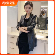 韩版高级感明线西装领中长款皮衣外套女显瘦帅气修身设计感皮夹克