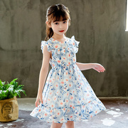 女童连衣裙夏季韩版中大童无袖，薄款碎花裙，女孩收腰雪纺背心裙