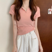 韩系短款女夏季设计感粉色修身露脐辣妹女装 T恤短袖2024夏季