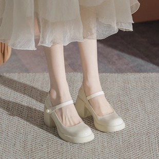 白色粗跟法式玛丽珍女鞋子高跟，2024春夏小皮鞋，仙女单鞋配裙子