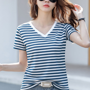 海军风蓝色条纹短袖T恤女夏季韩版显瘦V领上衣女士纯棉海魂衫