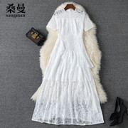 短袖蕾丝连衣裙收腰夏天裙子韩版显瘦优雅气质荷叶，边白色仙女长裙