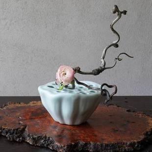 莲蓬花器青釉陶瓷小花器花瓶禅意中式插花碗器皿创意底座日式