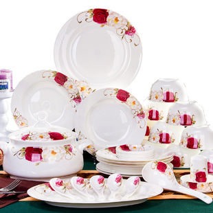 景德镇陶瓷餐具56头饭碗，餐具套装绽放碗，盘碟陶瓷餐具