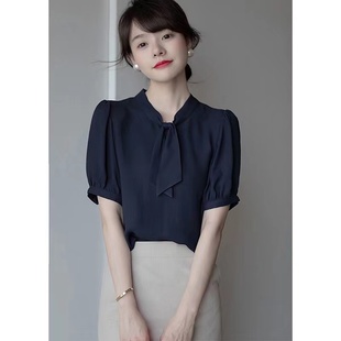法式高级感衬衫女夏季韩系短袖蝴蝶结职业设计感小众轻熟风薄上衣