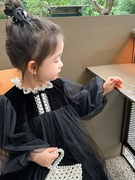 韩版女童黑色秋装丝绒连衣裙2023儿童宝宝洋气长袖网纱公主裙