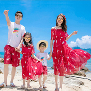 沙滩亲子装一家三口海边度假红色母女装连衣长裙夏季高端洋气