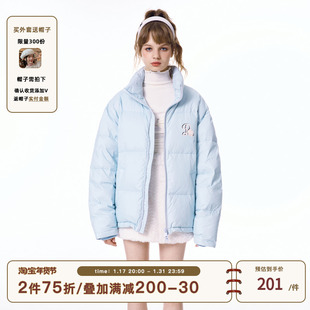 QDQD原创设计BABY蓝色字母印花立领棉服女秋冬季保暖纯色棉衣外套