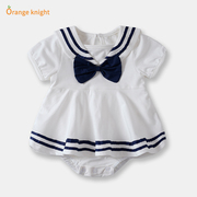 婴儿洋气海军风连衣裙女宝宝纯棉短袖夏季可爱裙子0-3个月6包屁衣