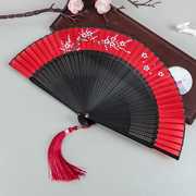 中国风古风女式随身折扇，蹦迪酒吧舞蹈，手绘红扇子汉服日式开合顺滑