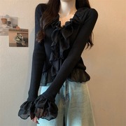 黑色蕾丝针织打底衫女春秋短款内搭修身法式荷叶，边毛衣喇叭袖上衣