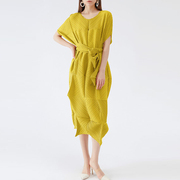 三宅褶皱一生韩版黄色雪纺，连衣裙中长款仙女裙子，2021夏洋装(夏洋装)裙