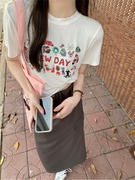 小个子韩系套装裙夏季小众短袖T恤上衣高腰开叉工装半身裙两件套