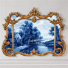 青H花瓷色调蓝色法式轻奢中国风横板客厅壁炉手工油画挂画装饰画