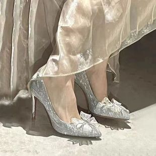 法式水晶鞋2022春秋银色，婚鞋水钻蝴蝶结尖头高跟鞋，女细跟单鞋